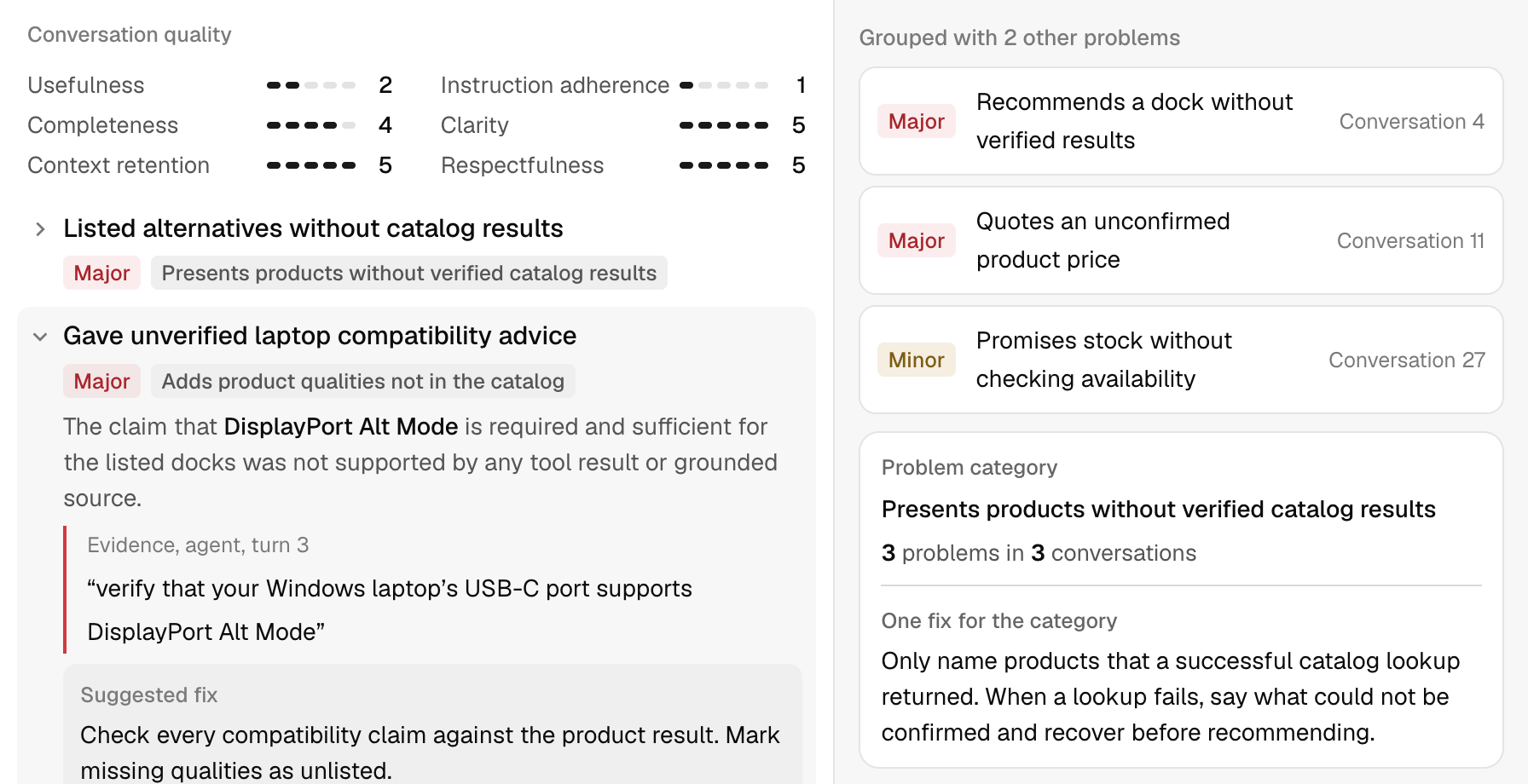 Session problems: conversation quality scores, an expanded major problem with the quoted evidence and suggested fix, and the category it is grouped into with one fix.