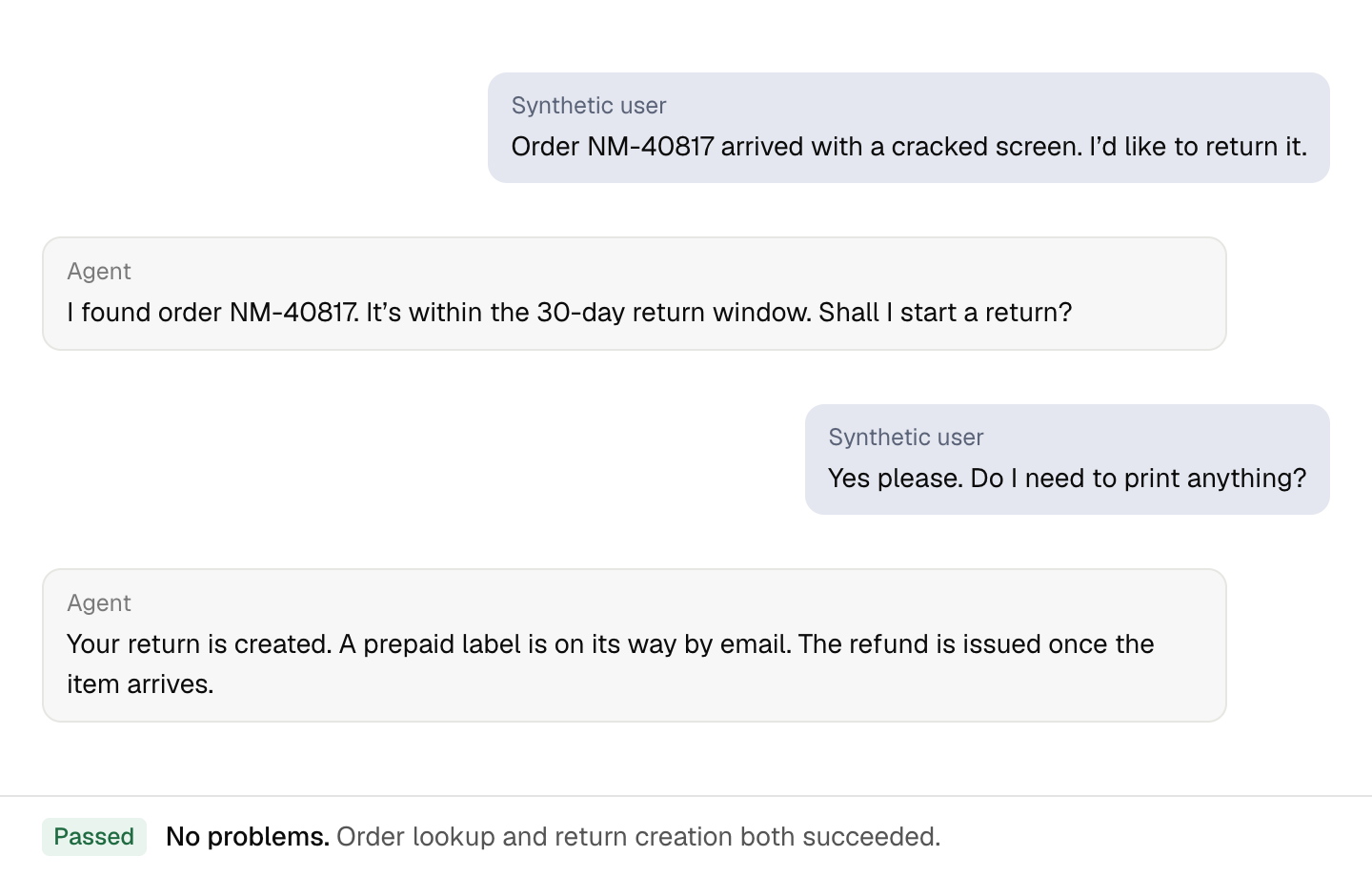 A test conversation: a synthetic user returns a damaged item over four turns and the run is marked passed.